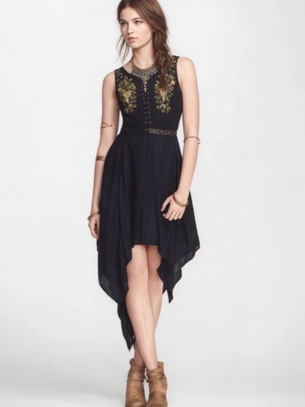 FREE PEOPLE Asymmetrical Embroidered Dress Bohemian Festival